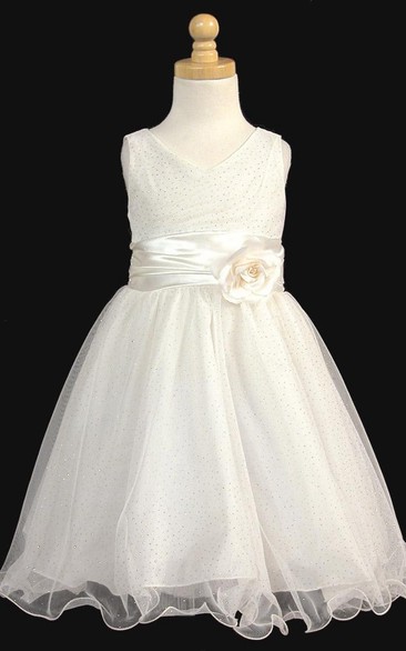 Knee-Length V-Neck Tiered Charmeuse Flower Girl Dress