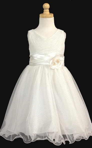 Knee-Length V-Neck Tiered Charmeuse Flower Girl Dress