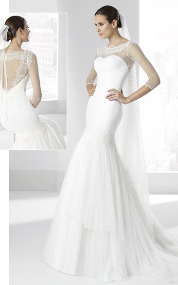 Mermaid Scoop-Neck 3-4-Sleeve Tulle Wedding Dress With Illusion