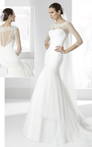 Mermaid Scoop-Neck 3-4-Sleeve Tulle Wedding Dress With Illusion