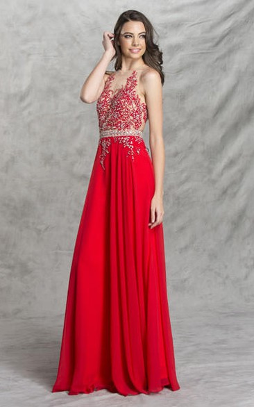 A-Line Jewel-Neck Sleeveless Chiffon Illusion Dress With Beading And Pleats
