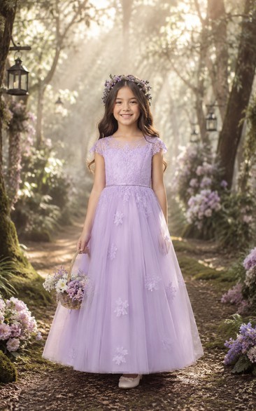 A-line Floor Length Cap Sleeve Tulle Lace Flower Girl Dress with Lavender tulle with dainty floral appliques