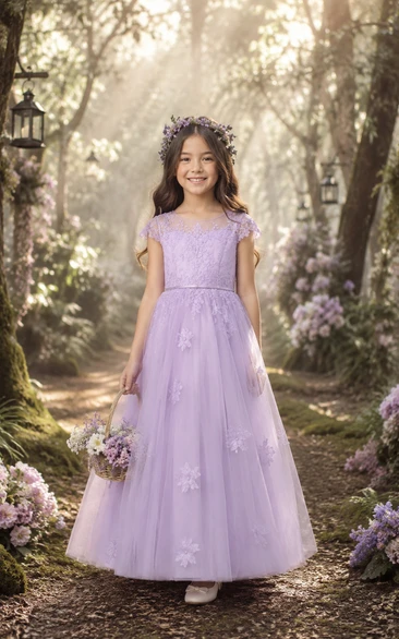 A-line Floor Length Cap Sleeve Tulle Lace Flower Girl Dress with Lavender tulle with dainty floral appliques