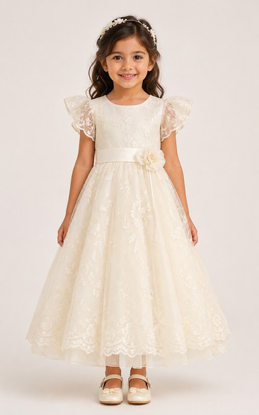 Baby Christening Gown Modest A-Line Puff Sleeve Tulle Lace Tea-Length with Bow Sash in Ivory