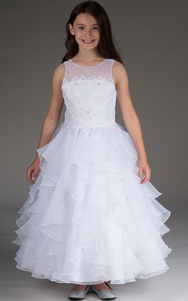 Flower Girl Scoop Neck Sleeveless Tiered Organza Ball Gown 