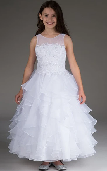 Flower Girl Scoop Neck Sleeveless Tiered Organza Ball Gown 
