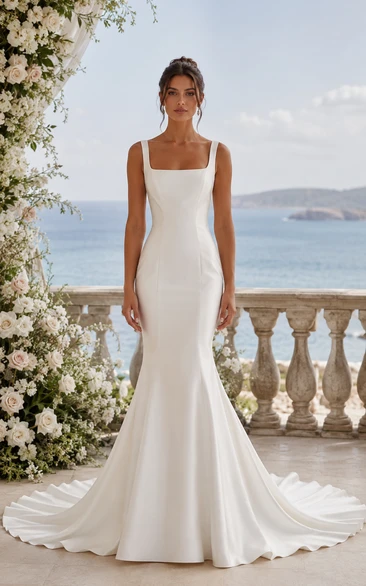 Square Neck Satin Mermaid Wedding Dress with Clean Lines and Sweep Train