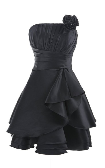 Strapless Pleat Layered Dress With Flower