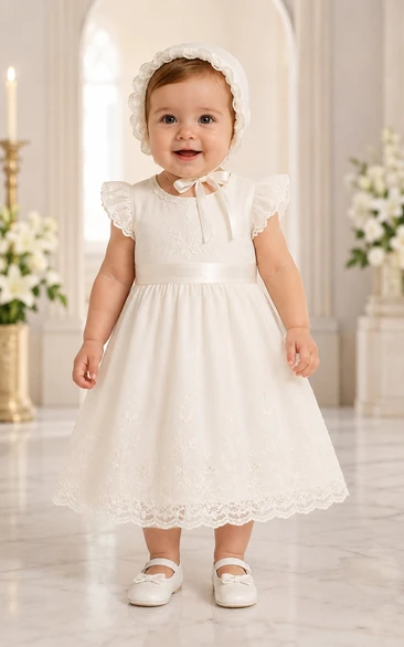 Baby Christening Gown Modest A-Line Cap Sleeve Tulle Lace Tea-Length with Bow Sash in White