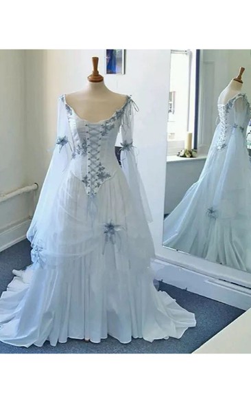 Scoop A-line Floor-length Court Train Long Sleeve Chiffon Tulle Prom Dress with Lace-up Back
