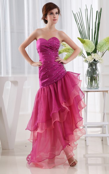 Sweetheart Ruched Dress With Beading and Asymmetrical Skirt