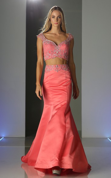 Two-Piece Mermaid Long V-Neck Cap-Sleeve Satin Sweep Train Zipper Dress With Beading