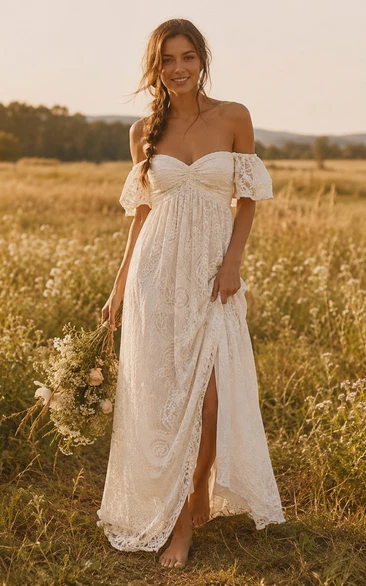 Off-the-Shoulder Boho Wedding Dress with Puff Sleeves, Draped Bodice, High Slit & Lace Sheath Skirt