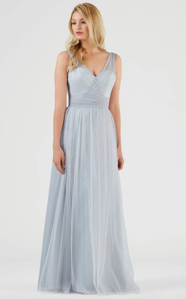 Sleeveless V-Neck Bowed Tulle Bridesmaid Dress With Ruching