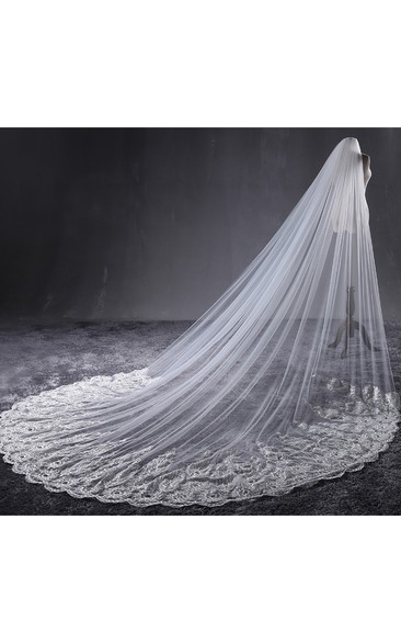 Romantic Lace Applique Long Trailing Rhinestone Tulle Veil