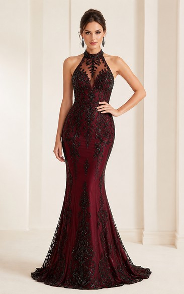 Burgundy and Black High Neck Lace Mermaid Formal Dress with Illusion Back