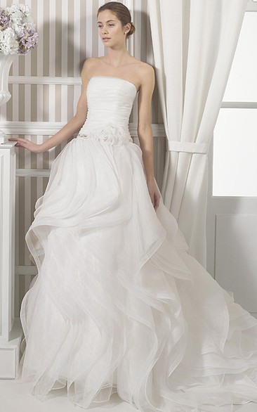 A-Line Ruffled Maxi Sleeveless Strapless Organza Simple Wedding Dress With Flower And Ruching
