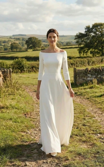 Simple Bateau Neck Wedding Dress with 3/4 Sleeves