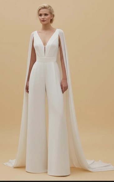 Deep V Neck Long Sleeve Tulle Sleeve Wide Leg Wedding Jumpsuit