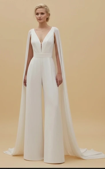 Deep V Neck Long Sleeve Tulle Sleeve Wide Leg Wedding Jumpsuit