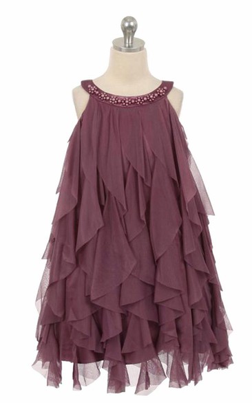 Floral Tea-Length Floral Beaded Satin Flower Girl Dress With Ruffles