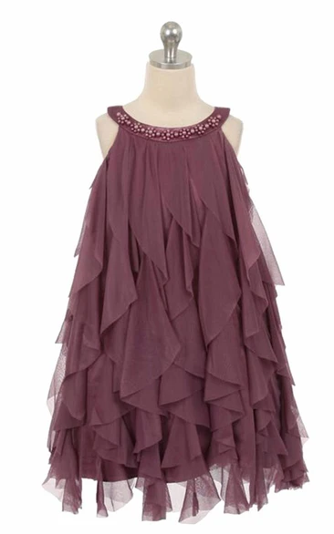 Floral Tea-Length Floral Beaded Satin Flower Girl Dress With Ruffles
