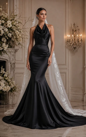 Black Halter Cowl Satin Mermaid Wedding Dress