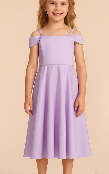 Purple Spaghetti A-line Tea-length Flowergirl Dress