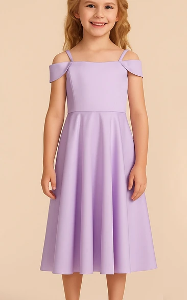 Purple Spaghetti A-line Tea-length Flowergirl Dress