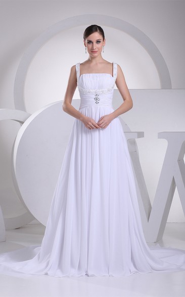 Strapped Long Chiffon Pleats and Dress With Broach