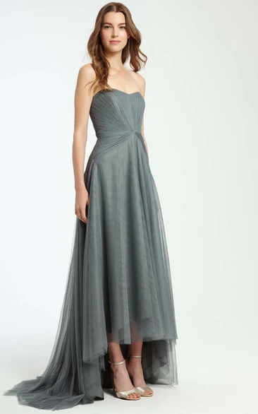 High-Low Ruched Strapless Tulle Bridesmaid Dress With Brush Train