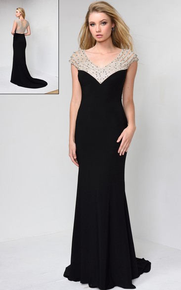 Sheath V-Neck Cap-Sleeve Jersey Court Train Low-V Back Dress With Beading