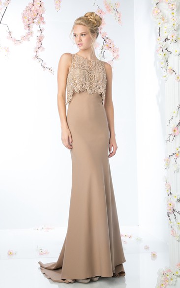 Sheath Long Scoop-Neck Sleeveless Jersey Illusion Dress With Beading And Lace
