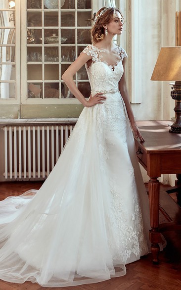 Jewel-Neck Wedding Dress with Cap Sleeves and Beaded Belt