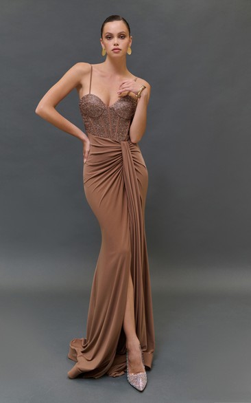 Sexy Spaghetti Ruched Sheath Split Dress with Sequin