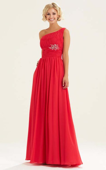 One-Shoulder Sleeveless Ruched Chiffon Bridesmaid Dress With Broach