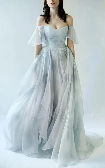 Off-the-shoulder Blue Empire A-line Tulle Dress with Draping