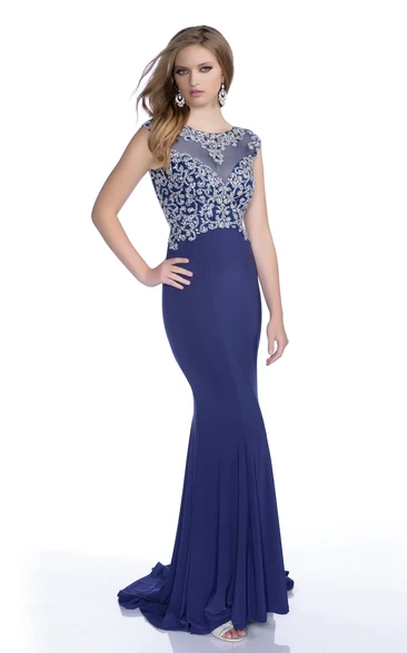 Mermaid Jersey Cap Sleeve Prom Dress With Rhinestone Bodice And Court Train