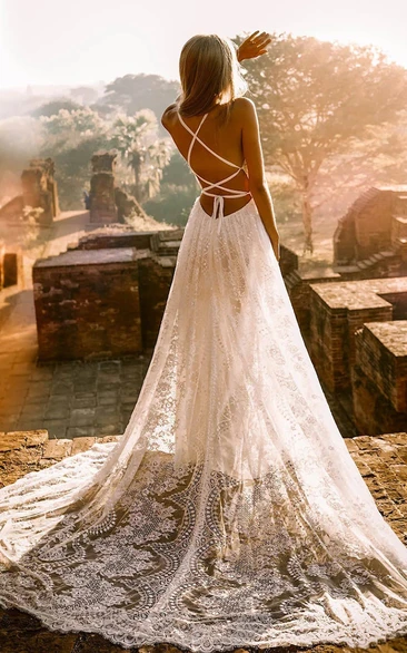 Bohemian Halter Lace Wedding Dress with Open Back