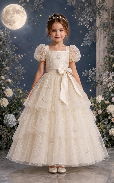 A-line Floor Length Puff Sleeve Tulle Flower Girl Dress with Ivory puff sleeves and tiered tulle with bow