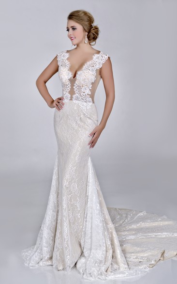 Sheath Lace V-Neck Sleeveless Wedding Dress With Court Train