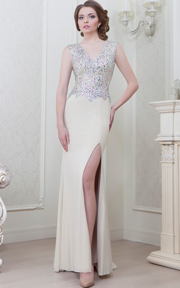 Sleeveless Beaded V-Neck Chiffon Evening Dress