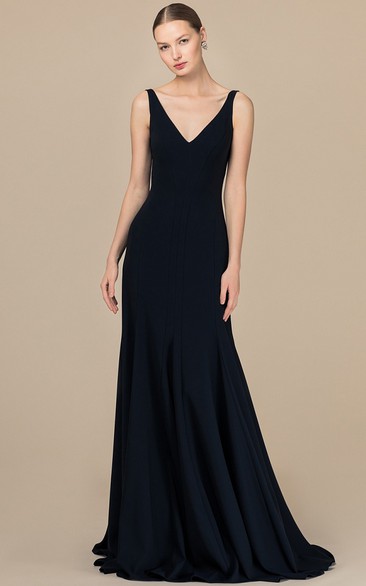 Modern A Line Satin V-neck Floor-length Backless Prom Dress