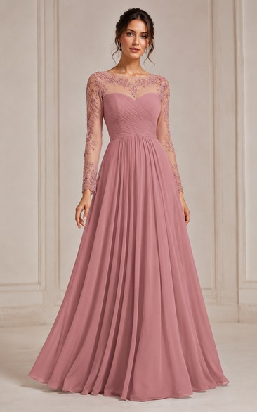 Dusty Rose Chiffon Evening Gown with Illusion Long Lace Sleeves A-Line Skirt