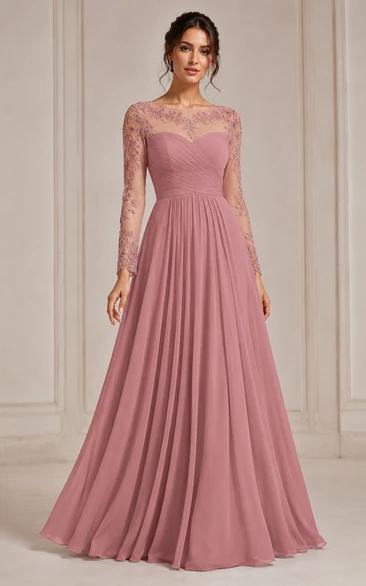 Robe de soirée en mousseline rose poudré avec manches longues illusion en dentelle et jupe trapèze