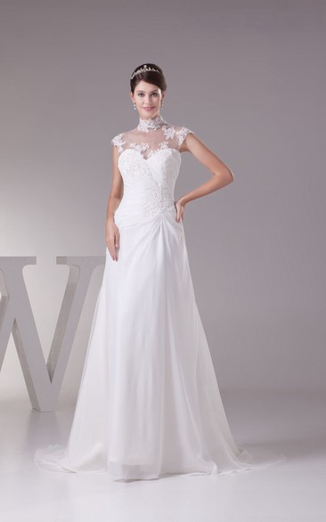 High-Neck Side-Ruched Sheath Maxi Dress With Appliques