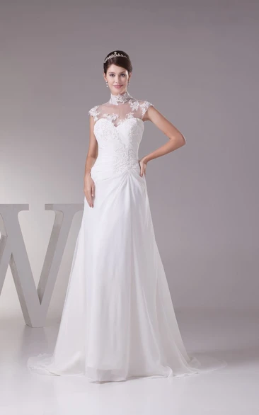 High-Neck Side-Ruched Sheath Maxi Dress With Appliques