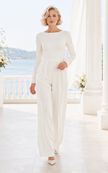 Combinaison de mariage blanche à manches longues en satin à motif bateau