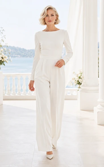 Combinaison de mariage blanche à manches longues en satin à motif bateau