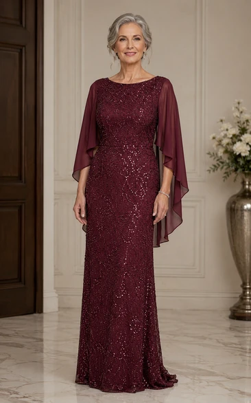 Burgundy Sequin Sheath Cape Sleeve Mother Dress